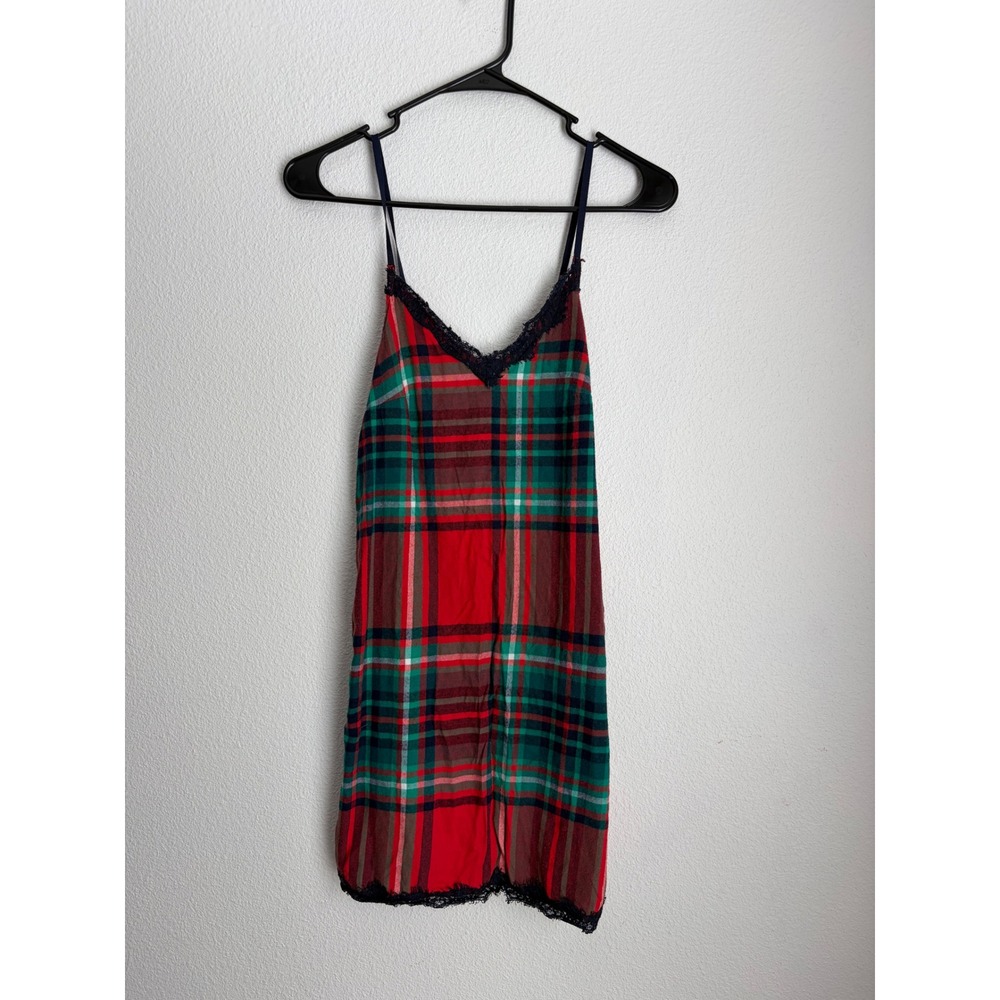 Aerie Plaid Flannel Nightie Red Green Lace Trim Holiday Slip‎ Dress XS